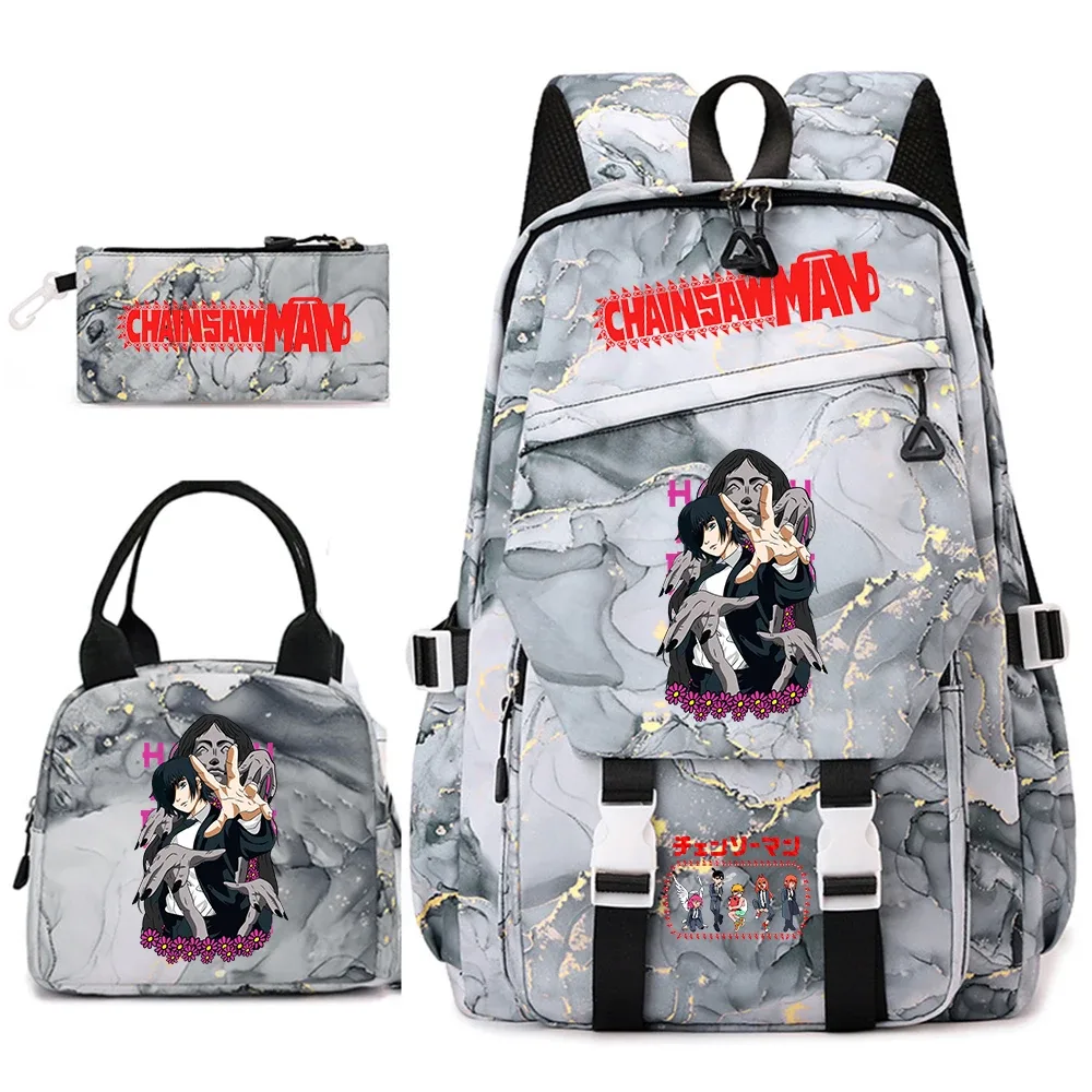 ensemble de sacs à dos pour étudiantes avec imprimé chainsaw man anime, pour filles, avec sac à lunch et trousse à crayons, pour une utilisation quotidienne à l'école