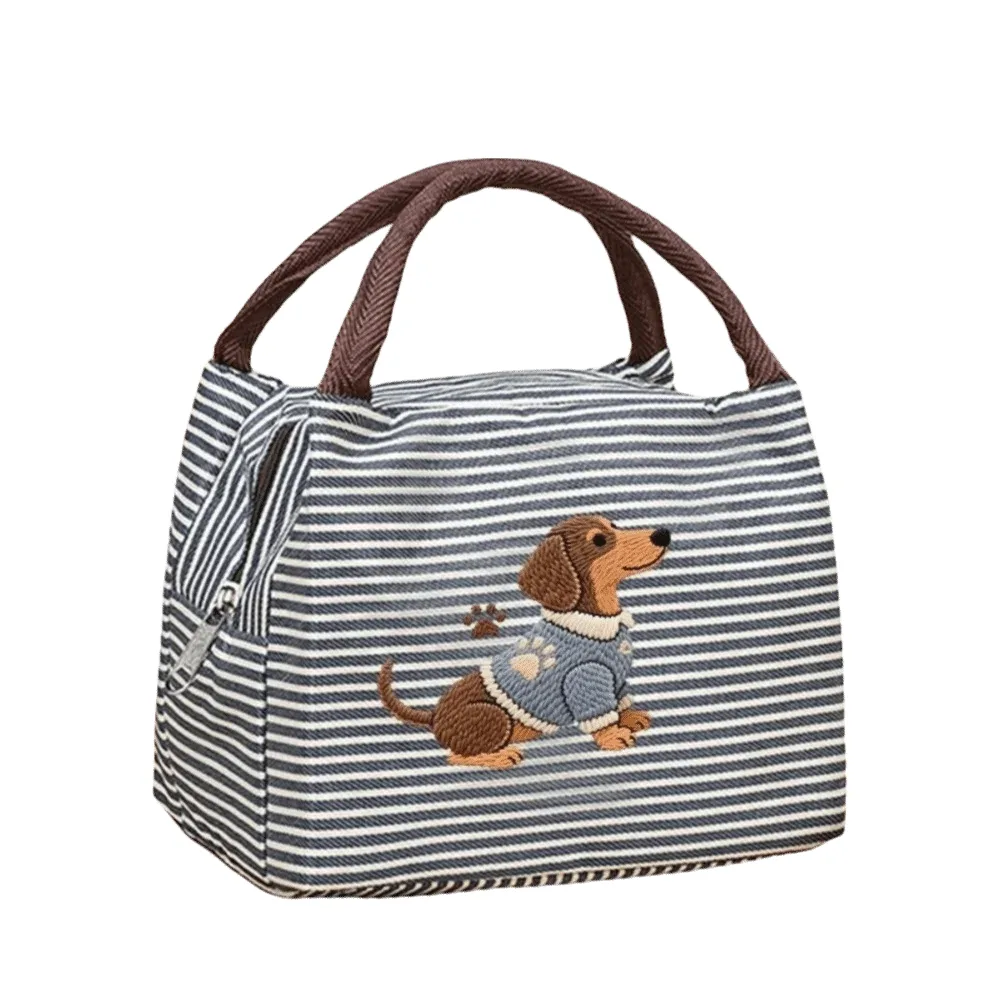 sac isotherme à déjeuner exquis avec broderie de chiot, sac fourre-tout isolé à rayures, sac portable pour aliments, idéal pour l'école