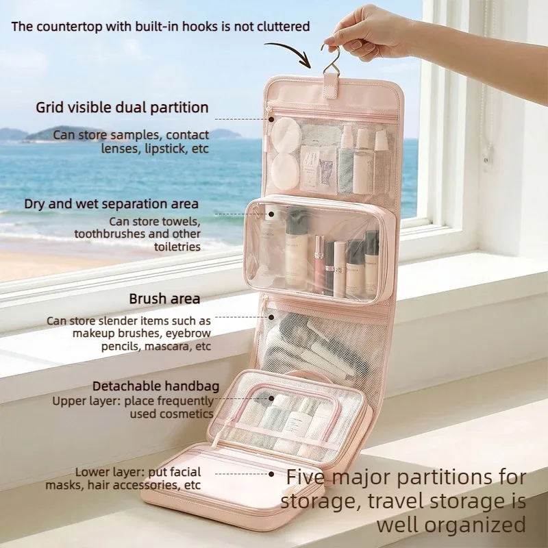 trousse de toilette suspendue grande capacité pour femme, organisateur de voyage imperméable avec séparation sec/humide, pochette de lavage pliable