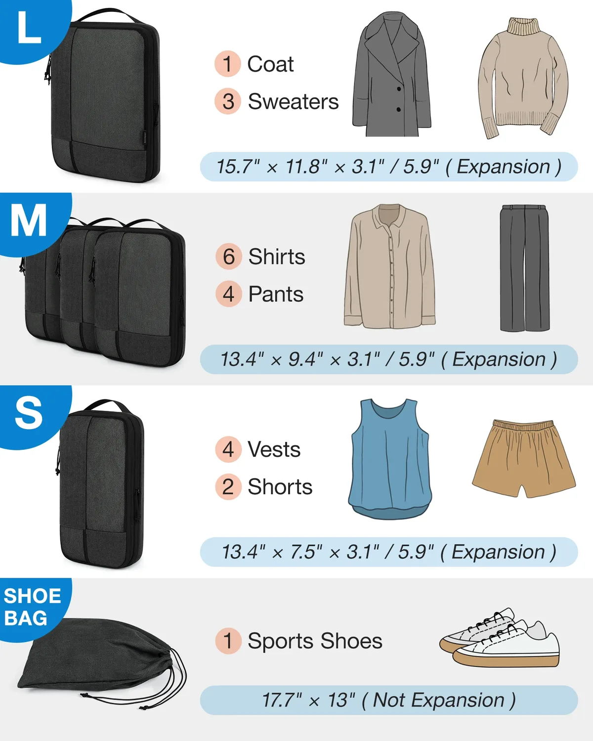bagsmart – cubes d'emballage à compression pour hommes et femmes, organisateur de bagages extensible de voyage, organisateurs d'emballage de bagages à main pour femmes