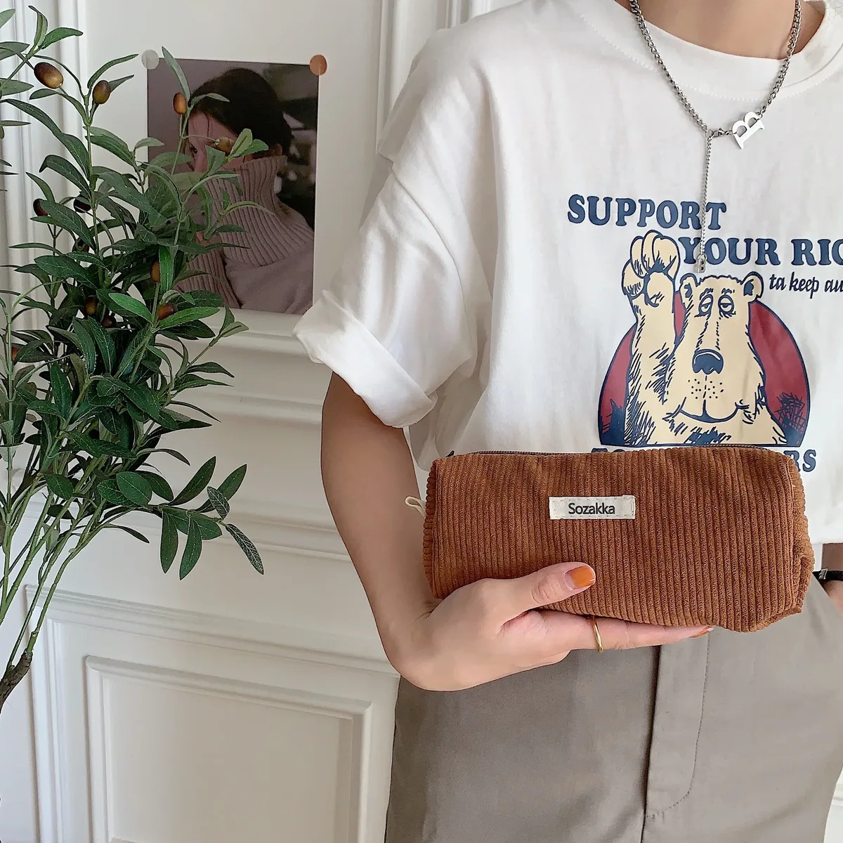 sac à stylos rétro en velours côtelé de couleur unie, boîte à crayons pour étudiants, pochette à crayons, sacs à cosmétiques pour femmes, sac de maquillage, sac de rangement pour clés et rouges à lèvres