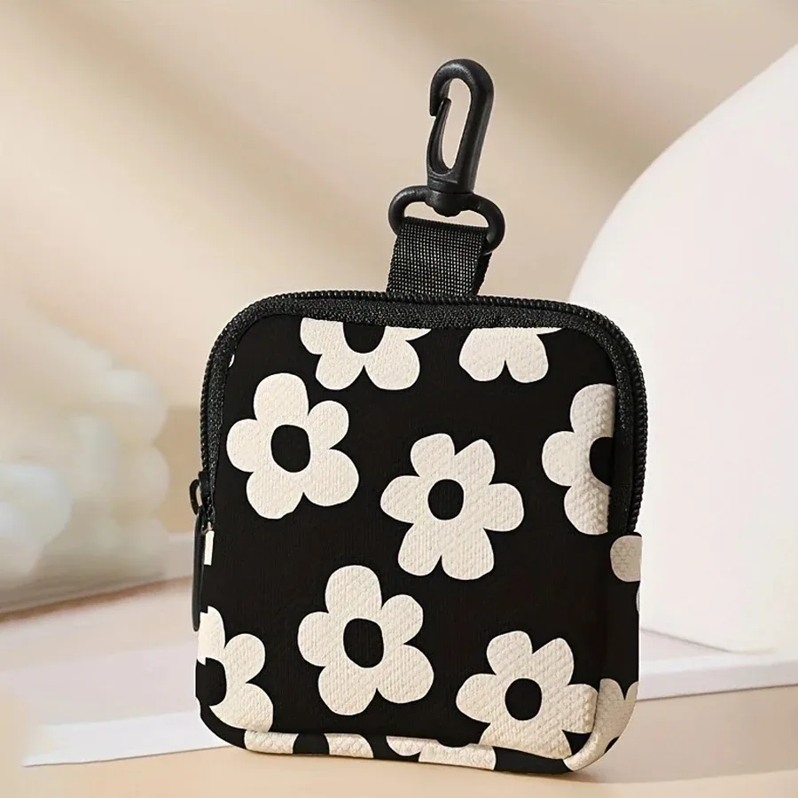 porte-monnaie noir à imprimé floral, en similicuir, imperméable, imprimé coloré, sac de rangement à fermeture éclair, mini étui multifonctionnel pour écouteurs