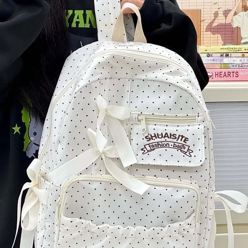 sac à dos en nylon à pois avec nœud, multi-compartiments, grande capacité, doublure en polyester, fermeture éclair, sac à dos de voyage