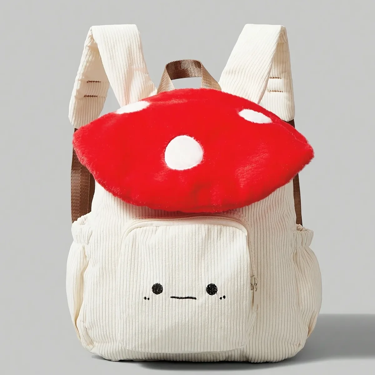 sac à dos champignon en peluche kawaii pour femmes, fourre-tout mignon avec bretelles réglables, fermeture à glissière, sacs à dos d'étudiant en velours côtelé rouge/blanc