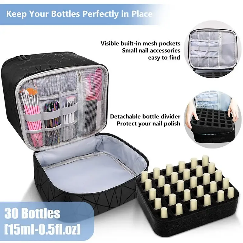 organisateur de vernis à ongles avec lumière uv intégrée, étui de transport double couche pour vernis à ongles, capacité de 30 flacons, sac de rangement, kit de manucure