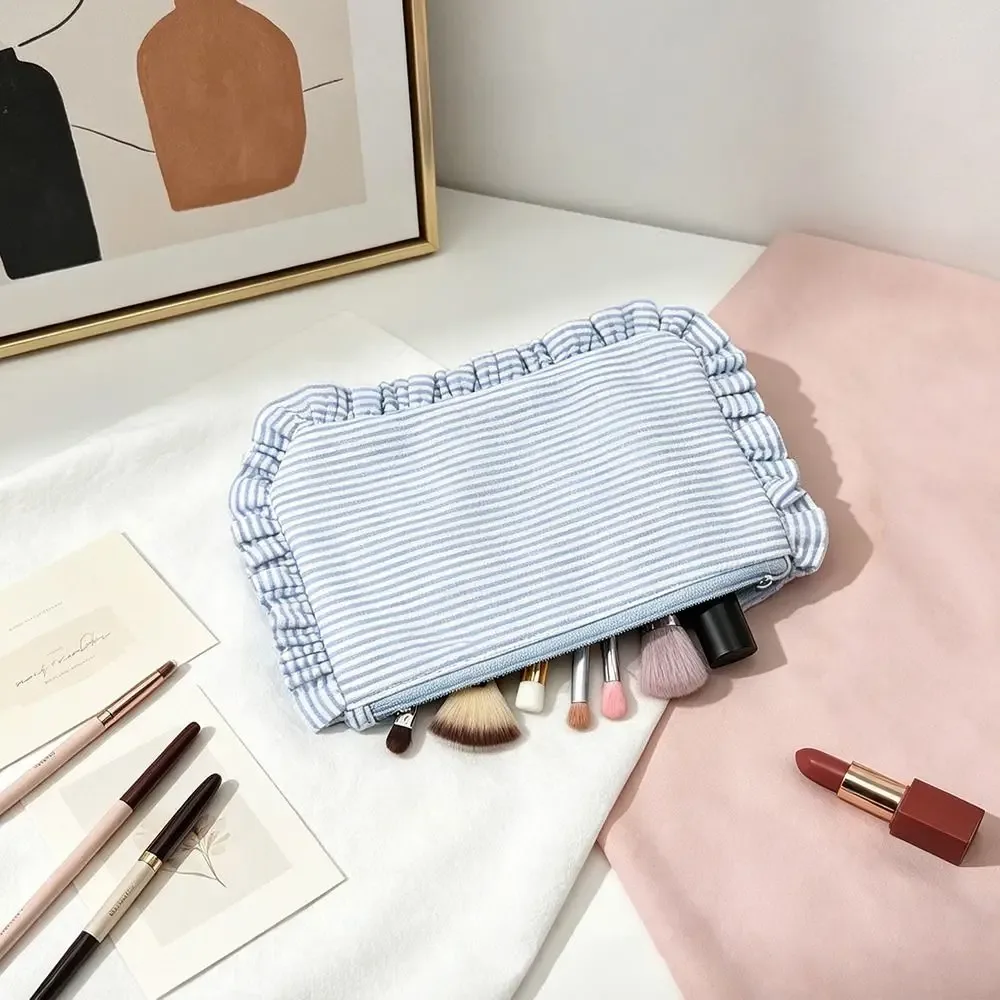 sac de maquillage à rayures à volants durable, grande capacité, pochette cosmétique portable, trousse de toilette, cadeau