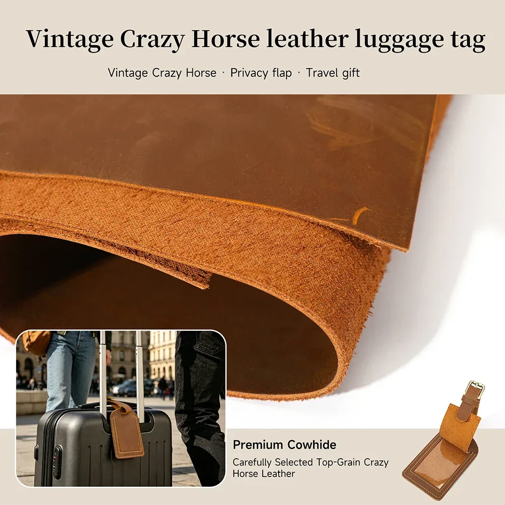 étiquette de bagage vintage en cuir véritable crazy horse avec cache de confidentialité, étiquette d'identification et d'adresse, sangle réglable, accessoire de voyage pour valise et bagages