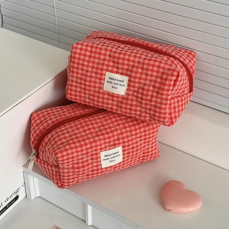 trousse de maquillage mignonne pour femmes, sac cosmétique portable de voyage, petite trousse de toilette à fermeture éclair à motif écossais, pochette de lavage, sacs de rangement