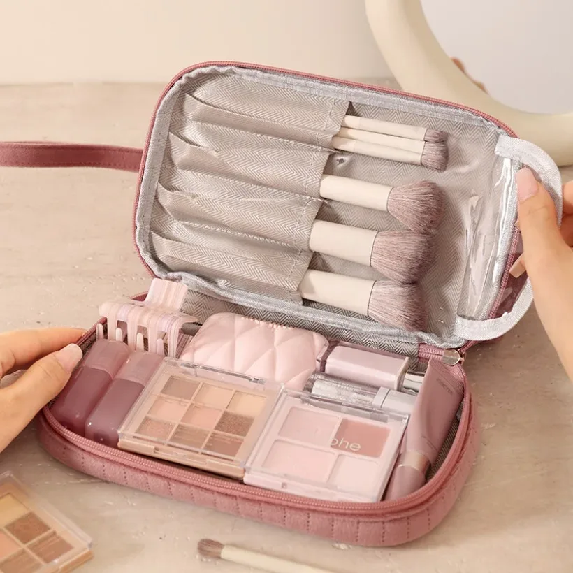 sac de rangement de maquillage portable, grande capacité, trousse à cosmétiques multi-compartiments pour pinceaux, cosmétiques, rangement de voyage