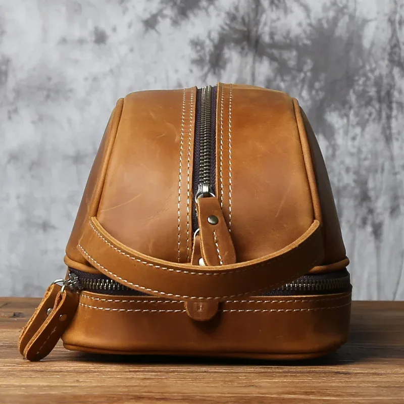 nzpj vintage en cuir véritable trousse de toilette couche supérieure en peau de vache trousse de maquillage peau de cheval fou sac à main pour hommes tablette sac d'ordinateur