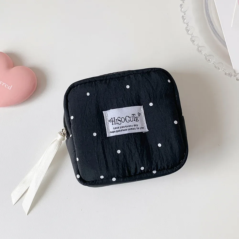 pochette cosmétique carrée à pois, petite pochette portable pour rouge à lèvres, sac de rangement simple pour serviettes hygiéniques pour étudiantes