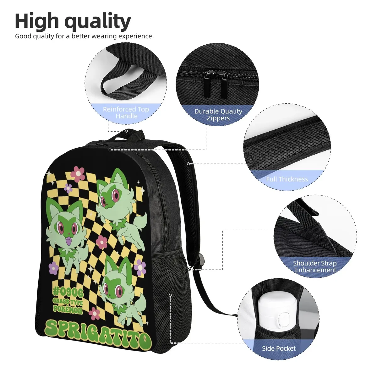 sacs à dos pokemon sprigatito, sac à dos rétro avec logo pokemon grass type, sac à dos de grande capacité pour le campus