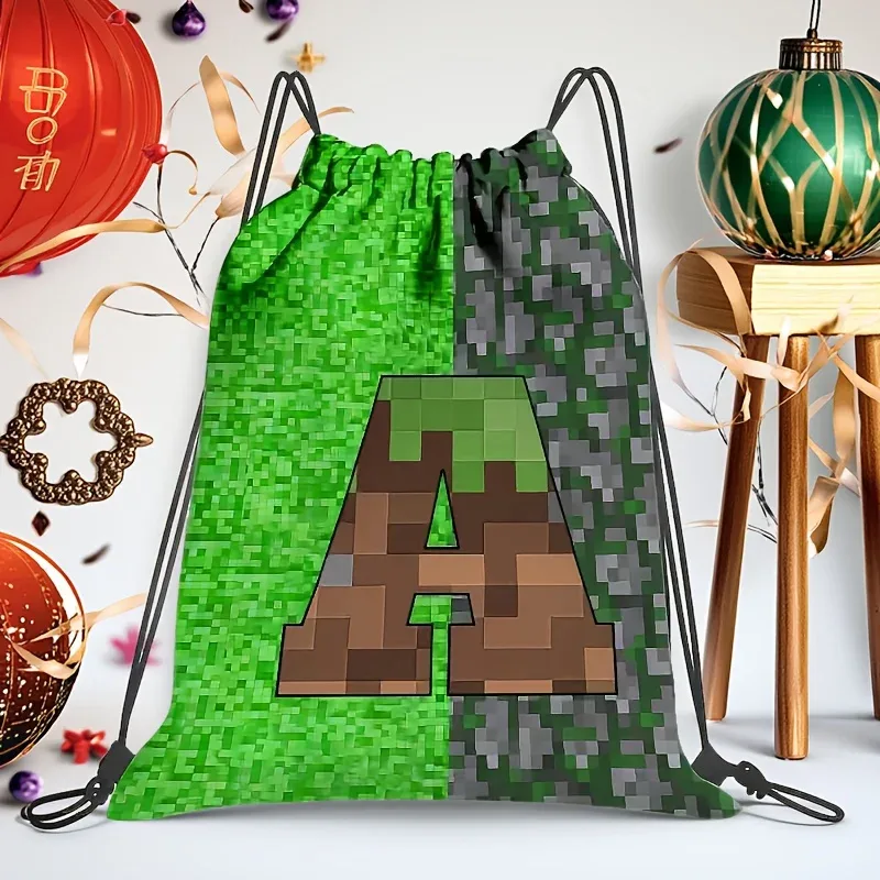 sac à dos à cordon de serrage de grande capacité pour jeux vidéo, avec lettrage pixelisé, unisexe, motif géométrique multicolore, 1 pièce