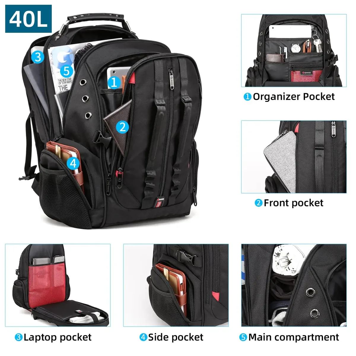 bange grand sac à dos multifonction pour ordinateur portable 40l 17 pouces sac à dos de voyage durable sac d'école pour adolescents avec port de recharge usb