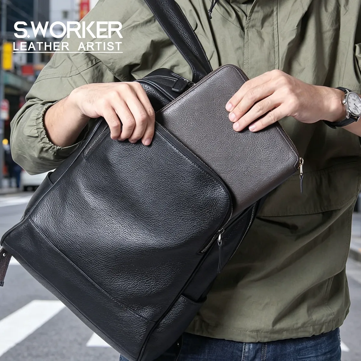 S.WORKER Grand sac à dos classique en cuir véritable, cadeau pour homme, sacs d'école décontractés, sac à dos de voyage pour homme