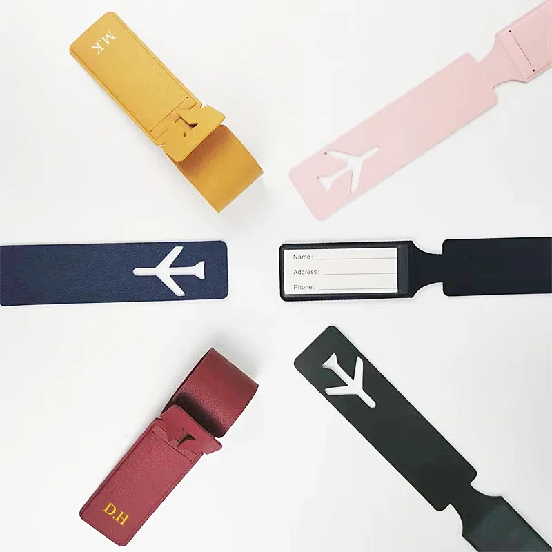 étiquette de bagage longue avec logo d'entreprise personnalisé, étiquette de valise d'avion portable en cuir pu de voyage, nom de vente en gros, porte-carte de message tel