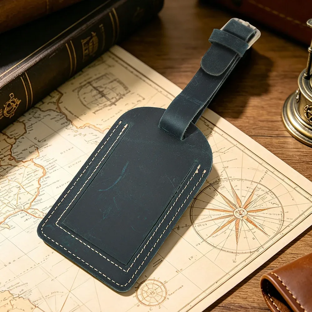 étiquette de bagage vintage en cuir véritable crazy horse avec cache de confidentialité, étiquette d'identification et d'adresse, sangle réglable, accessoire de voyage pour valise et bagages