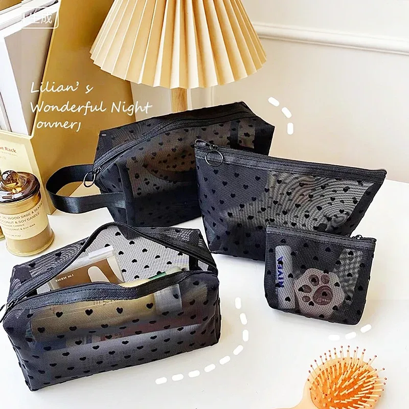 trousse de maquillage en velours de cœur noir en dentelle, sac de rangement transparent pour étudiant, trousse