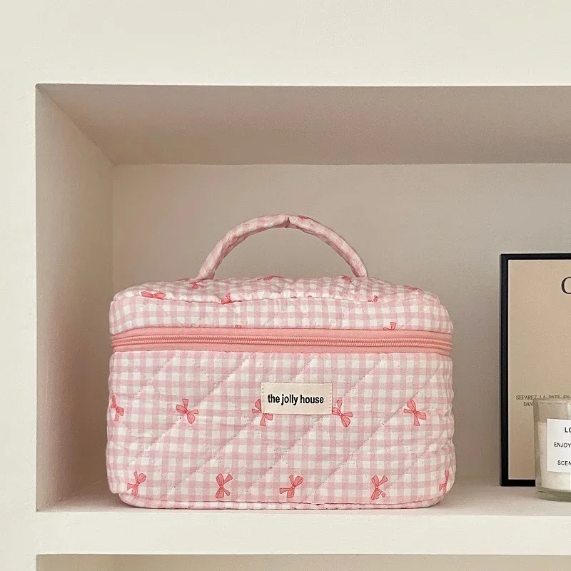 trousse de maquillage matelassée à carreaux avec nœud, grande capacité, pour pinceaux et soins de la peau, sac de voyage cosmétique