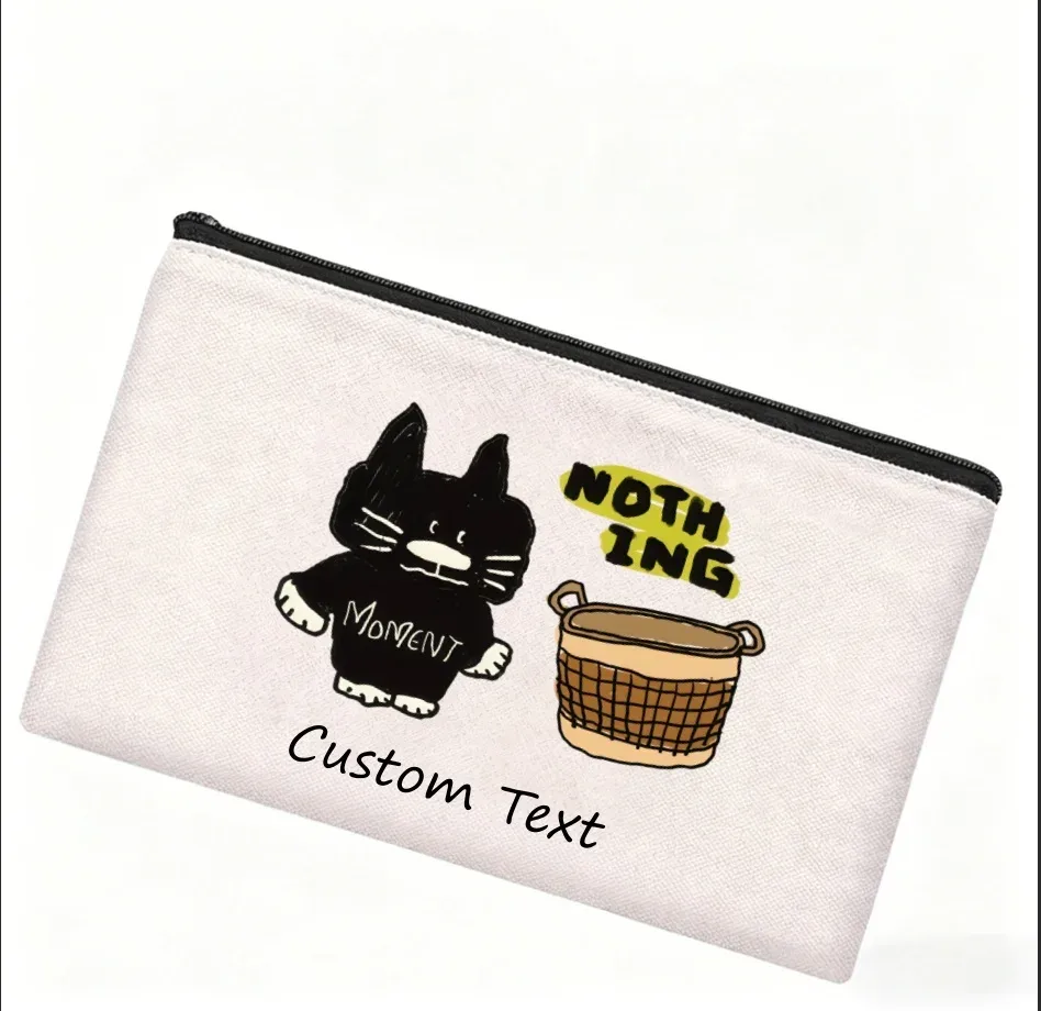 1 pièce, pochette de maquillage en toile avec motif de chat noir dessiné à la main et texte personnalisé "nothing moment", sac de rangement pour cosmétiques avec fermeture éclair.