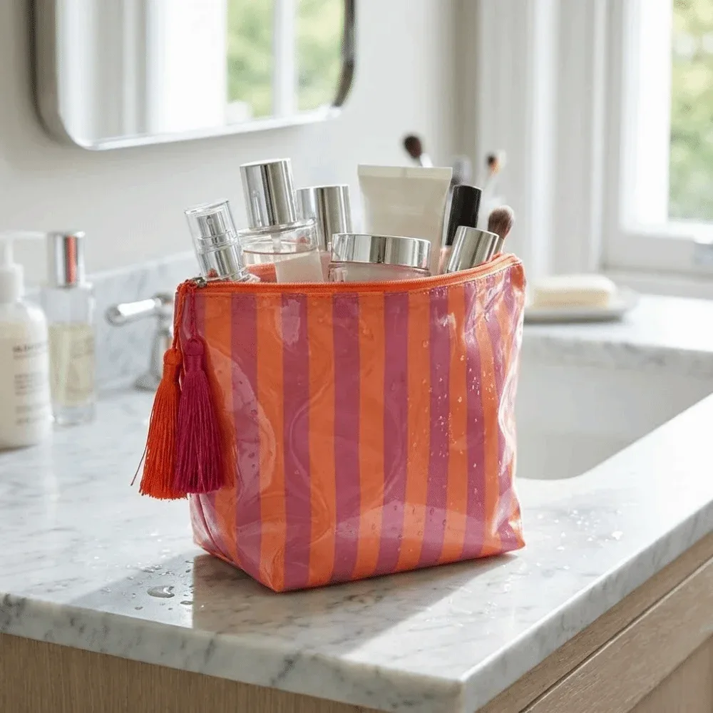 trousse de toilette de voyage portable à franges grande capacité design mignon sac cosmétique rayé en pvc fermeture éclair brillante pochette à pinceaux de maquillage