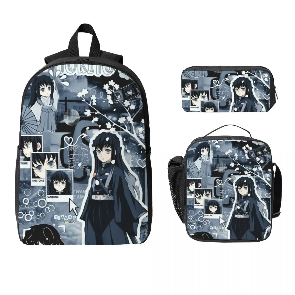 muichiro tokito sac à dos étudiant garçons filles bookbag sac d'école ordinateur portable sacs à bandoulière 3ps sac à déjeuner isolé trousse à crayons
