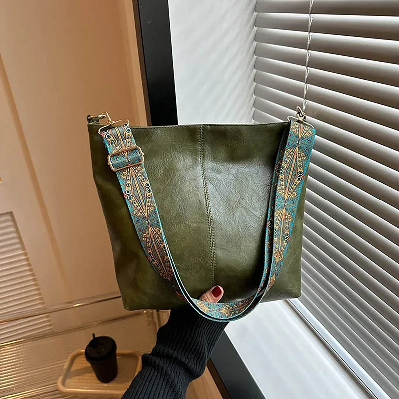 Sac à bandoulière Vintage couleur unie, sac seau Simple à large sangle de grande capacité