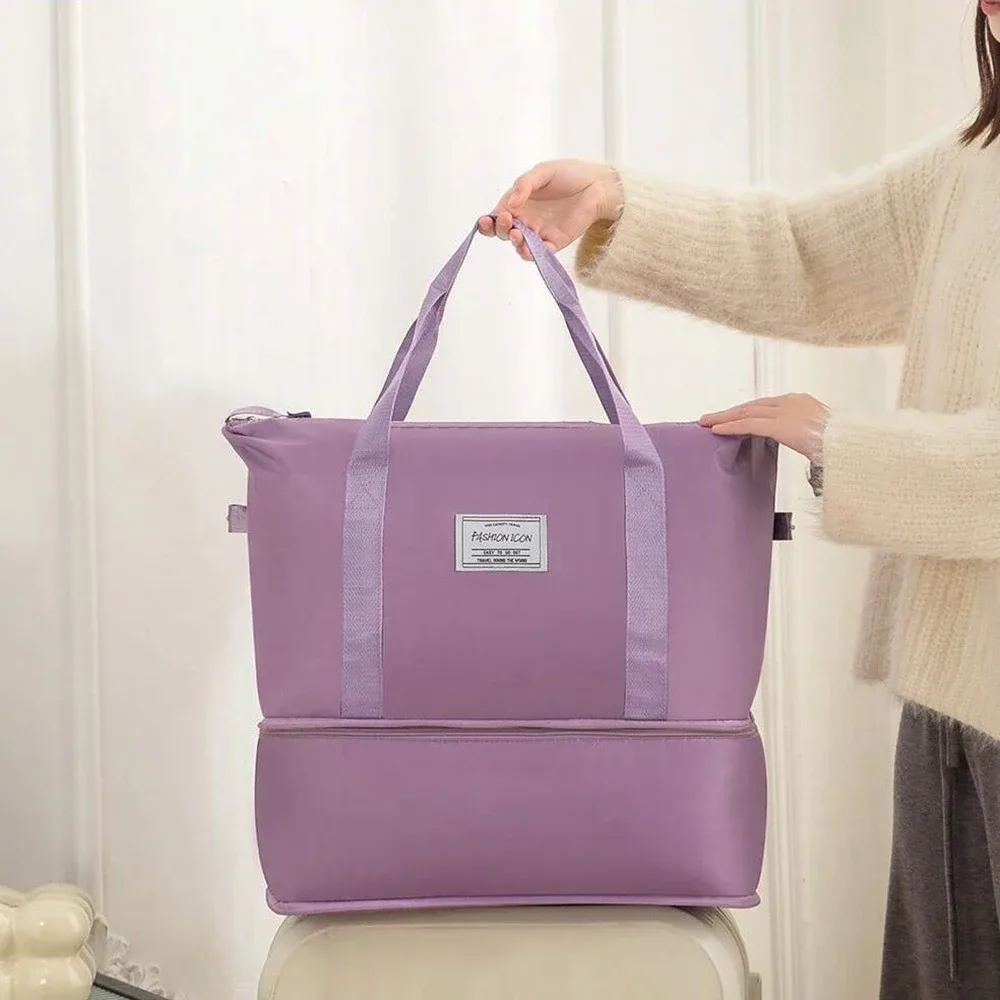 sac de voyage pliable à double compartiment et grande capacité, tendance ; sac de rangement pour bagages, sac à main multifonctionnel ; sac de maternité léger, portable et extensible ; sac de sport unisexe de couleur unie avec séparation pour articles secs et humides.