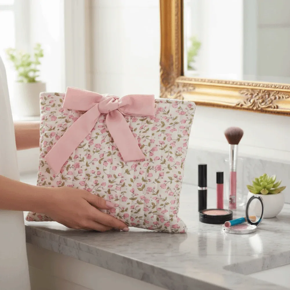 Sac de rangement portable pour livres à motif floral, grande capacité, léger, organiseur de cosmétiques, design matelassé, trousse de maquillage avec nœud papillon, style universitaire