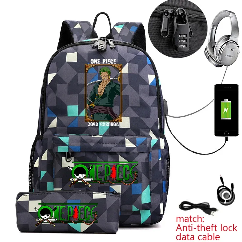 sac à dos d'école imprimé one piece zoro, antivol, pour enfants et adolescents, avec trousse à crayons