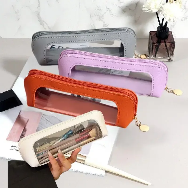 ins – trousse de maquillage transparente japonaise de grande capacité, pochette de toilette de voyage en cuir pu solide, sac de rangement portable pour pinceaux de maquillage