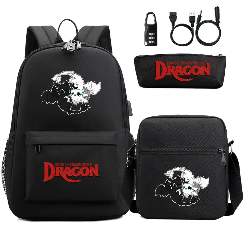 comment entraîner votre dragon 3 pièces usb antivol serrure garçon fille enfants retour à l'école livre sacs voyage sac à dos sac à bandoulière sacs à stylos