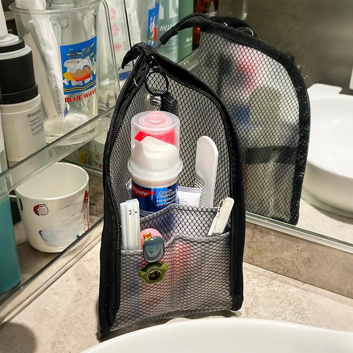 trousse de toilette en maille pour femme, organisateur de maquillage portable, étui de voyage étanche pour brosse à dents, pochette de beauté