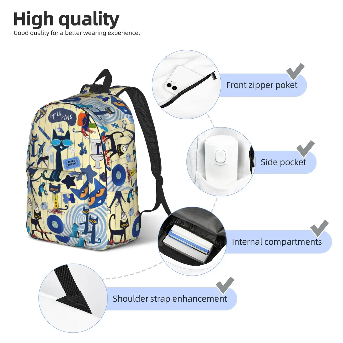 pete the cat sac à dos décontracté avec poche pour étudiants, sac à dos de travail, sac à dos de dessin animé pour hommes et femmes, sac à bandoulière pour ordinateur portable
