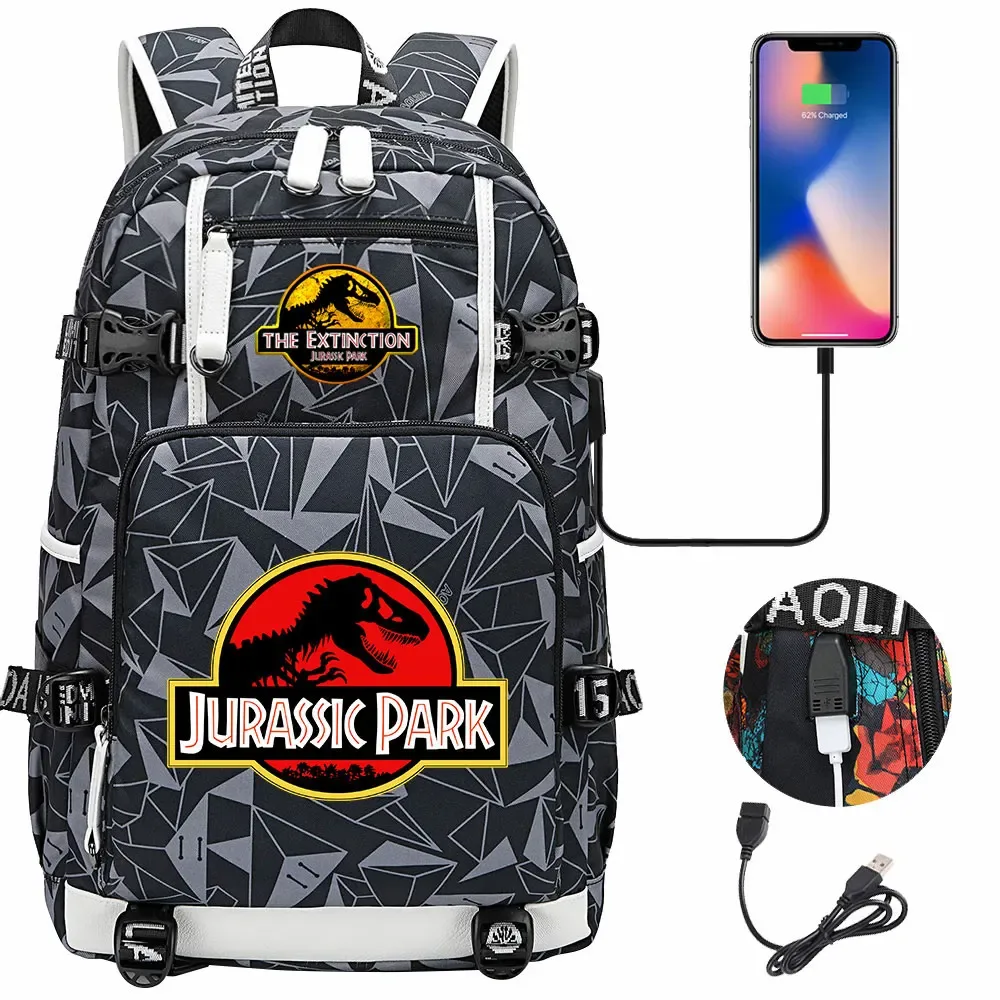 jurassic park world dinosaure sac à dos usb grande capacité étudiant mochila femmes hommes ordinateur portable garçon fille enfants retour à l'école livre sacs