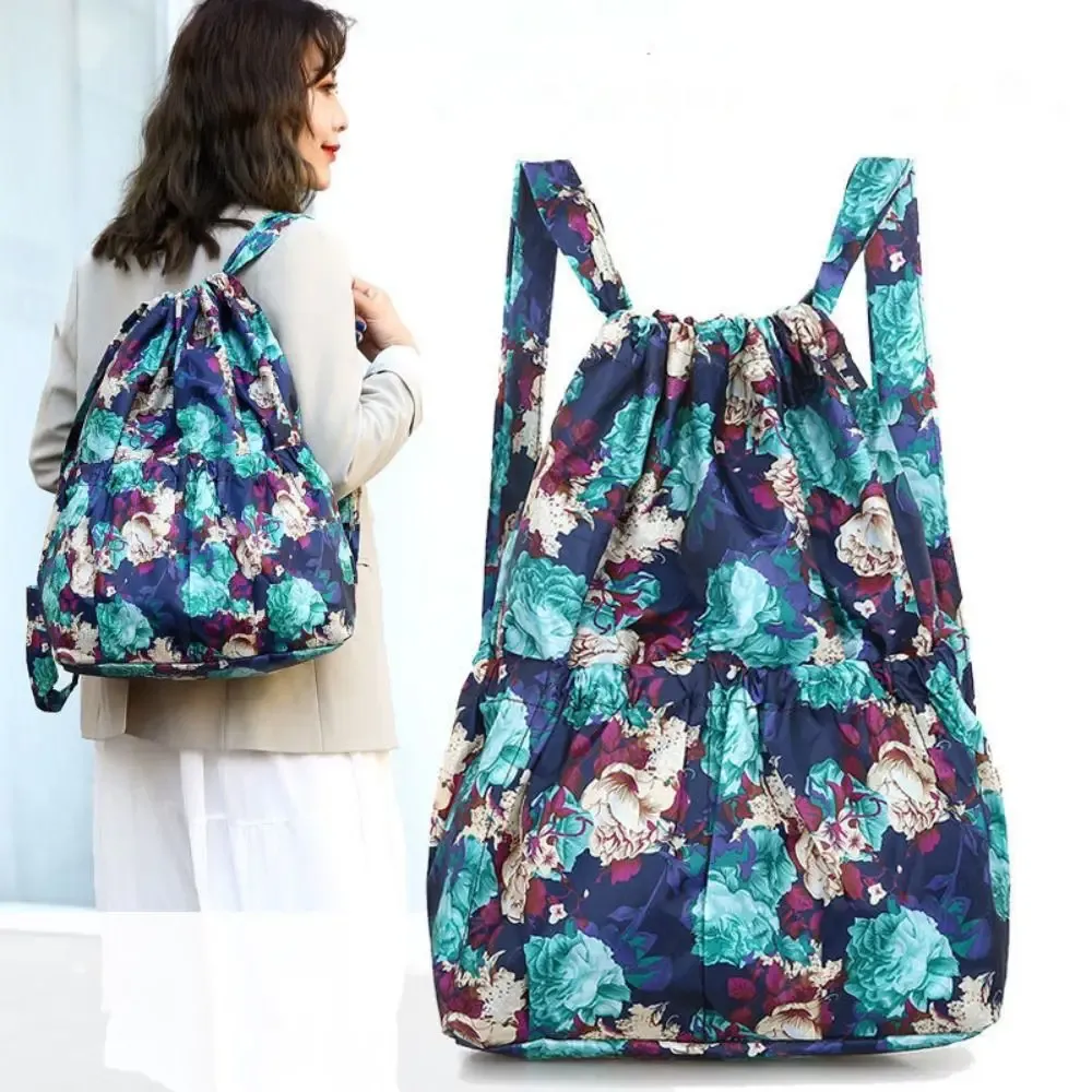 sac à cordon imprimé floral, sac de shopping portable en polyester de grande capacité, sac de voyage léger et étanche pour adolescentes
