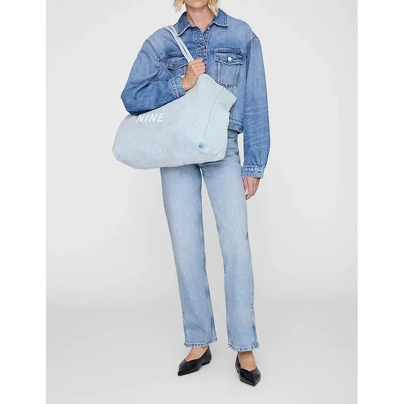 sac fourre-tout en toile denim pour femme, grande capacité, sac de shopping, sac à main décontracté artistique avec lettres, style américain, doublure en polyester souple