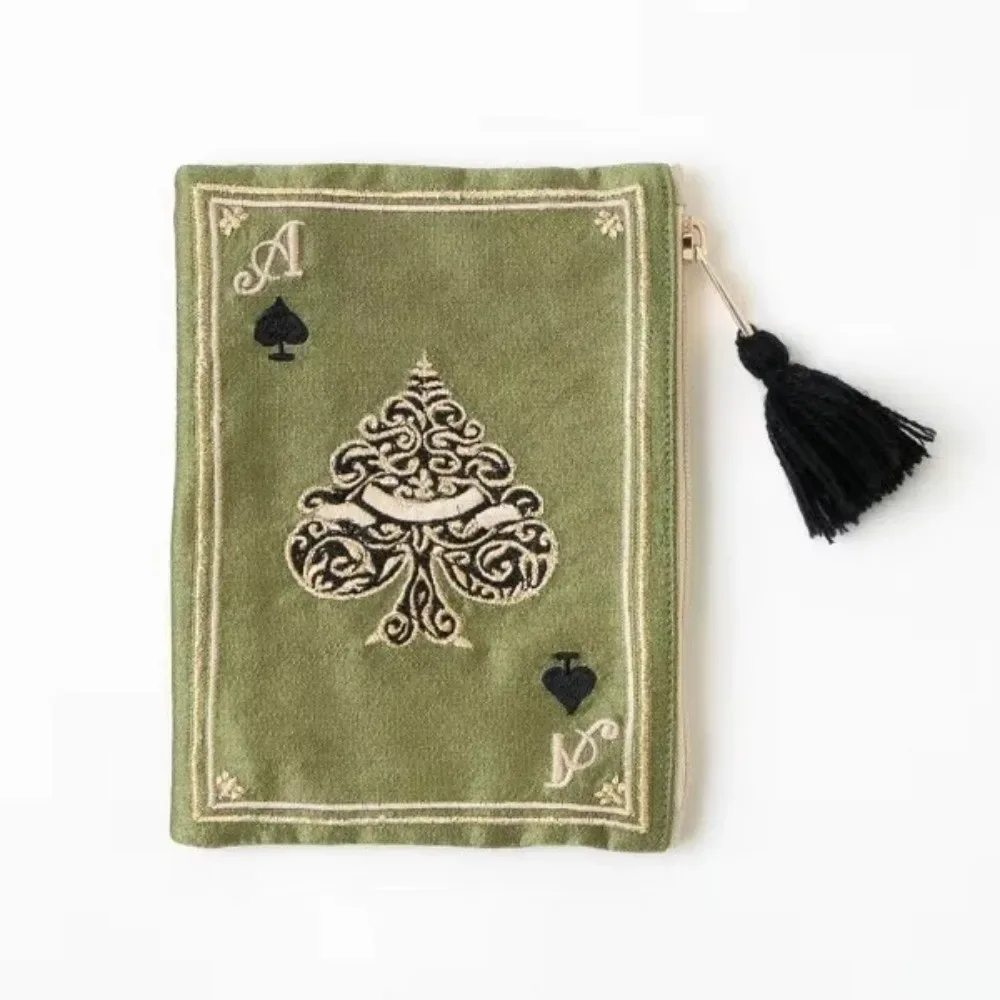 nouvelle trousse à cosmétiques brodée à la main, style ethnique, motif de cartes à jouer, sac de rangement à franges, sac rétro japonais portable