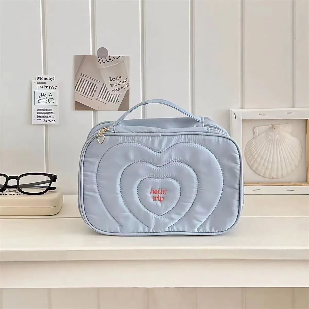 nouvelle trousse de maquillage portable à plusieurs compartiments, grande capacité, brodée, avec rabat, sac de toilette portable au motif sel marin, sac de voyage.