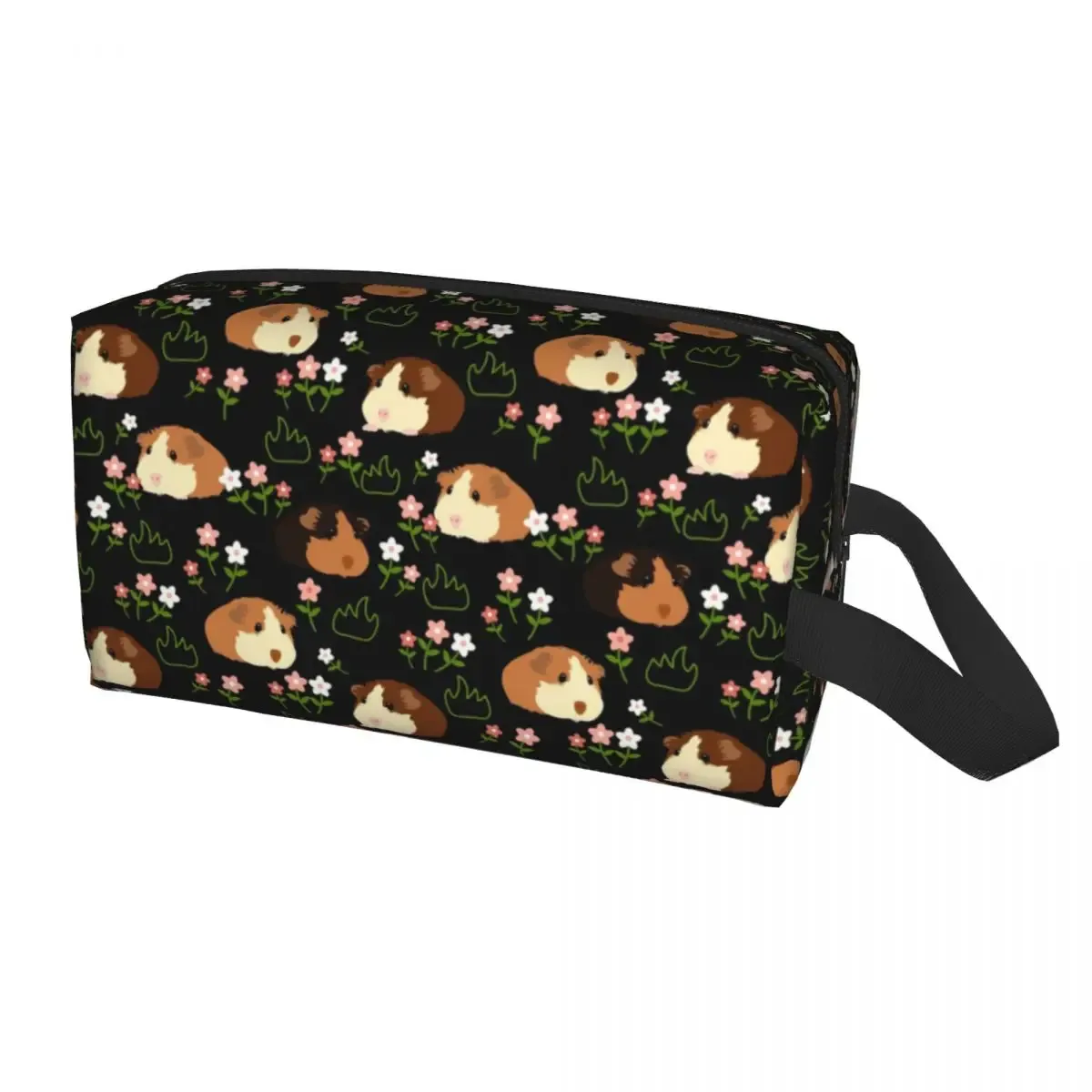 trousse de maquillage personnalisée cochon d'inde et fleurs pour femme, trousse de toilette de voyage cosmétique, rangement animal kawaii