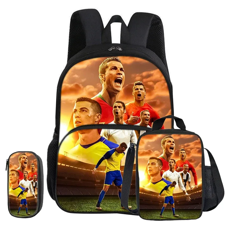 ensemble ronaldo 3 pièces avec sac à dos à poche frontale, sac isotherme pour le sport et le football, et trousse à crayons cr football star