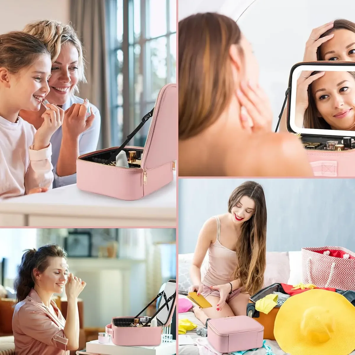 trousse de maquillage avec miroir led, grande mallette de voyage, organisateur de cosmétiques, sacs de maquillage avec 3 lumières colorées et séparateurs réglables