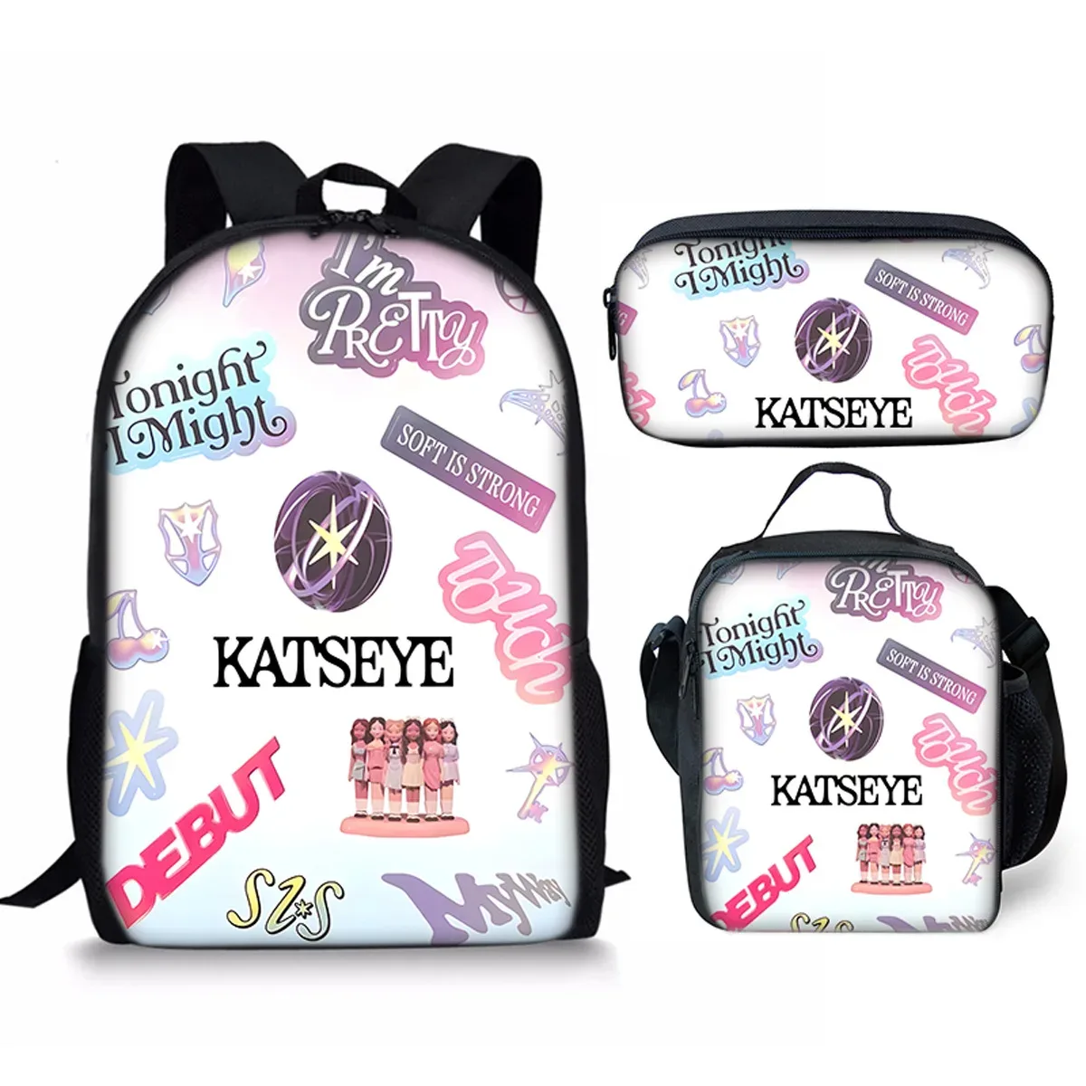 sac à dos d'école kpop katseye 3d imprimé, 3 pièces/ensemble, avec sac à déjeuner et trousse à crayons – nouveauté amusante et populaire de luxe
