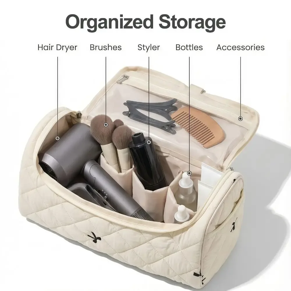 trousse de toilette tendance matelassée, trousse à maquillage portable avec nœud, sac de voyage grande capacité de haute qualité pour sèche-cheveux pour femme