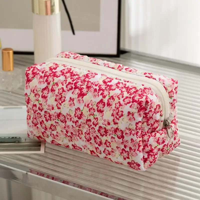organisateur de rangement, sac de maquillage matelassé bouffant à fleurs, pochette à cosmétiques imprimée de fleurs, grand sac à cosmétiques de voyage, accessoire de maquillage