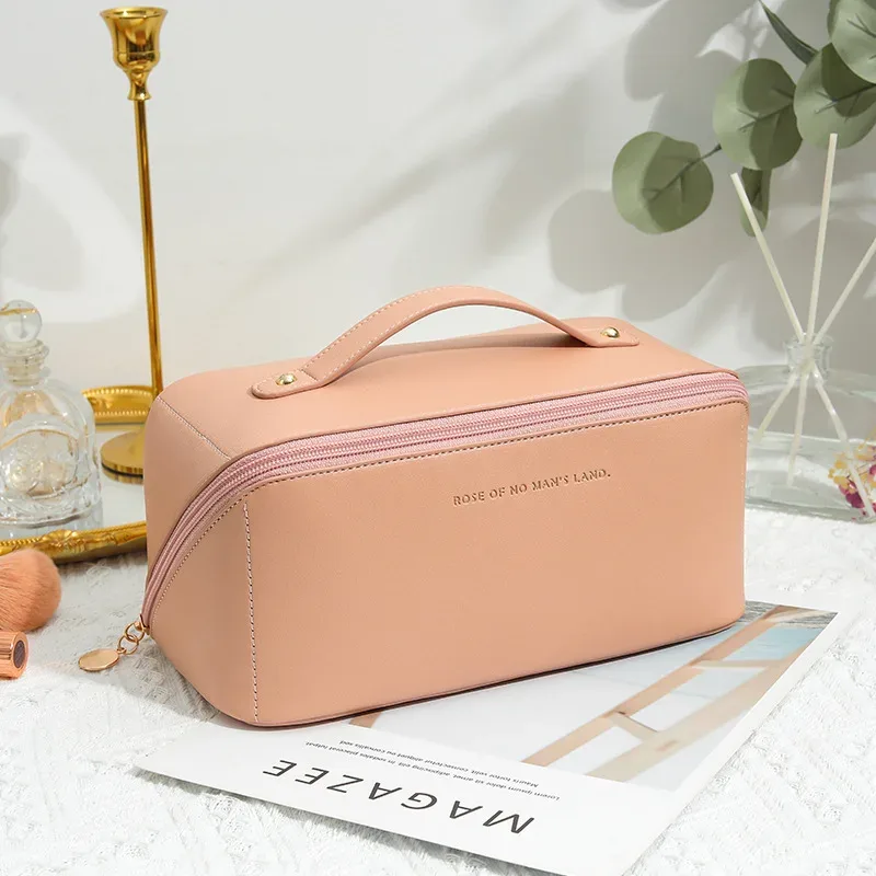 trousse de maquillage de voyage, sacs de rangement de cosmétiques de grande capacité pour femmes, trousses de toilette imperméables en cuir pu, maquillage plat à large ouverture