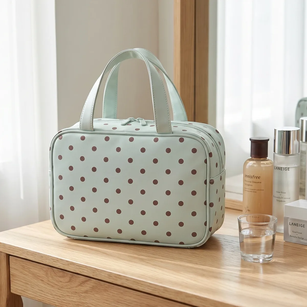 sac de toilette coréen style ins à pois, imperméable, grande capacité, portable, pour le rangement des produits de soin et de maquillage