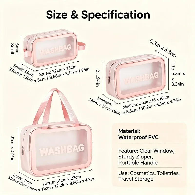 nouvelle trousse de maquillage et de toilette transparente en trois pièces, grande capacité, sac de rangement portable en pvc semi-transparent givré