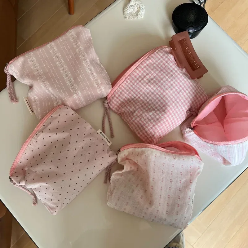 Pochette de rangement en coton rose clair pour femme, motif pois frais, à carreaux et rayures, pour maquillage, cosmétiques et articles de toilette