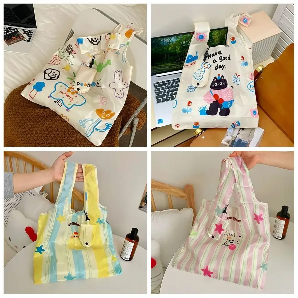 sac de shopping pliable en nylon portable, sacs de rangement, sac fourre-tout, sac écologique à motif de dessin animé, sac de voyage imperméable et réutilisable pour les courses.